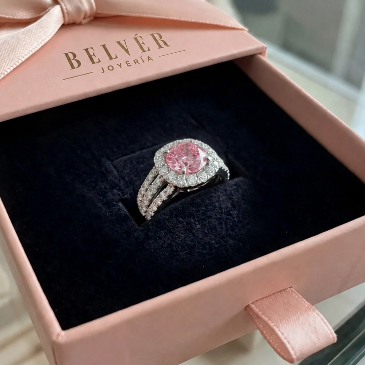Anillo halo rosado con brillos
