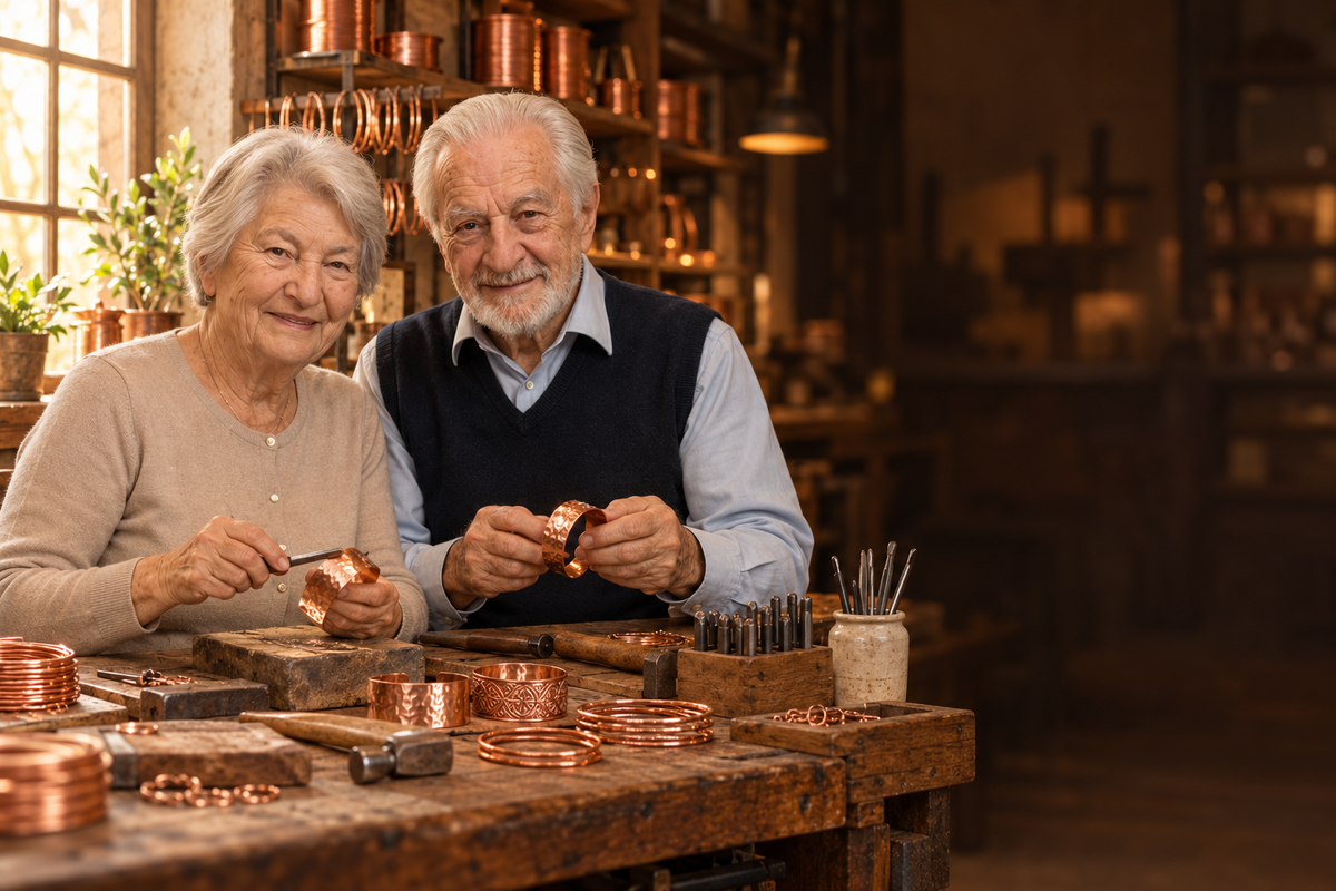 Elena y Javier con las joyas de cobre de BELVÉR