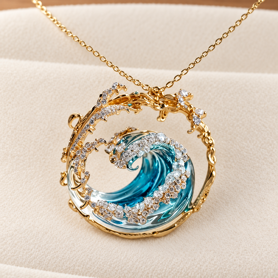 Detalle del colgante Marea: una ola de cristal azul rodeada de brillos y de un aro dorado
