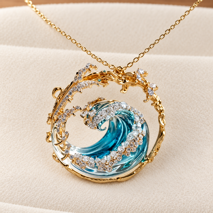 Detalle del colgante Marea: una ola de cristal azul rodeada de brillos y de un aro dorado