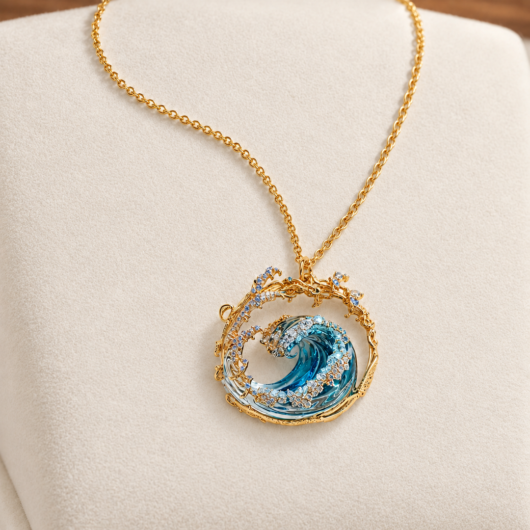 Colgante en forma de ola de cristal azul turquesa con brillos, sobre cadena dorada y un busto de terciopelo crema