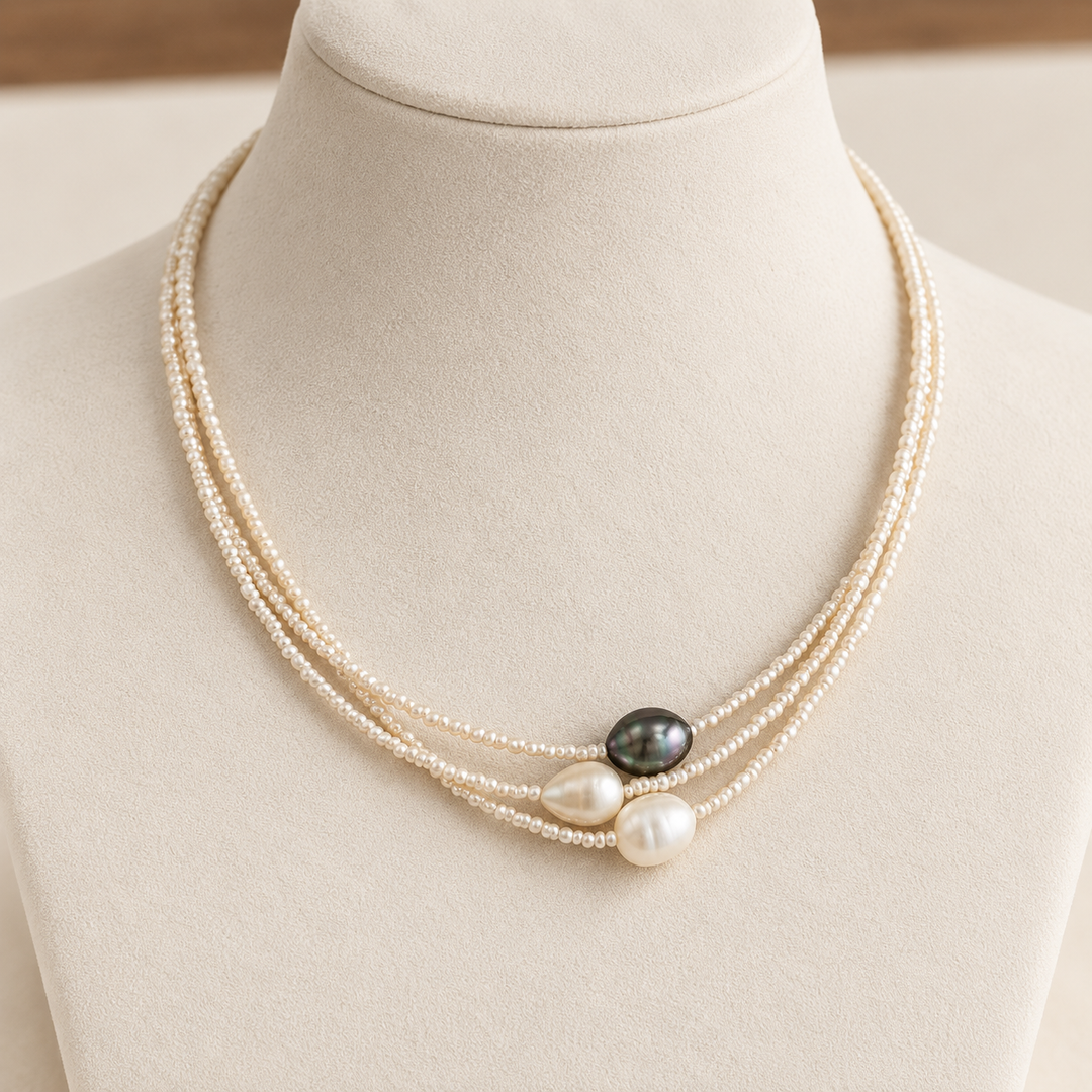 Collar de tres vueltas de pequeñas perlas con tres perlas mayores, una de ellas gris oscuro, sobre un busto de terciopelo crema