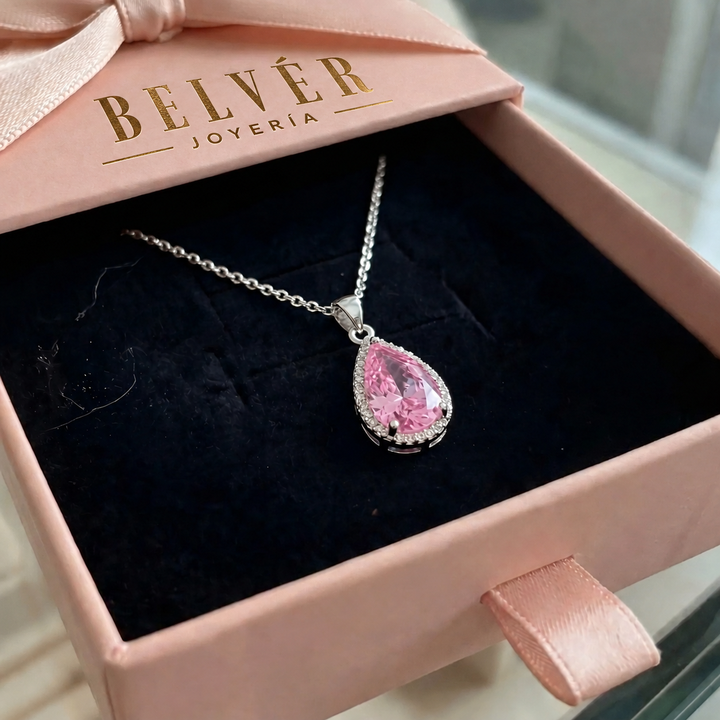 Collar con gota rosa · Plateado