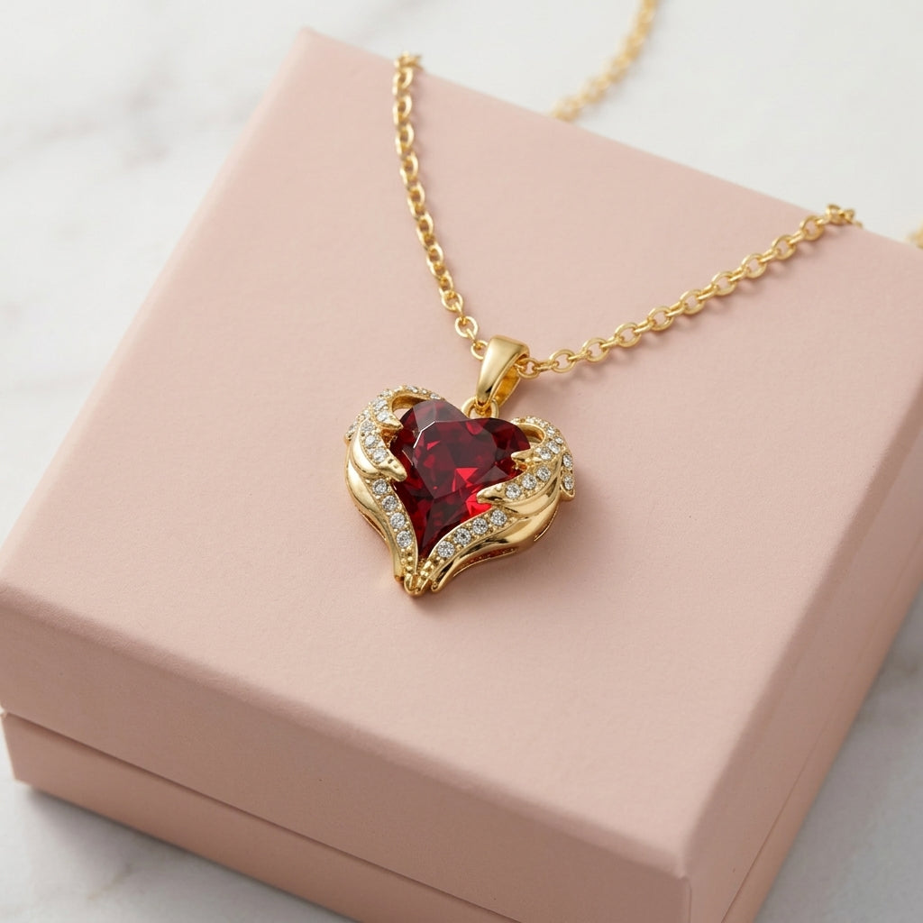 Collar de corazón rojo con alas de ángel · Dorado