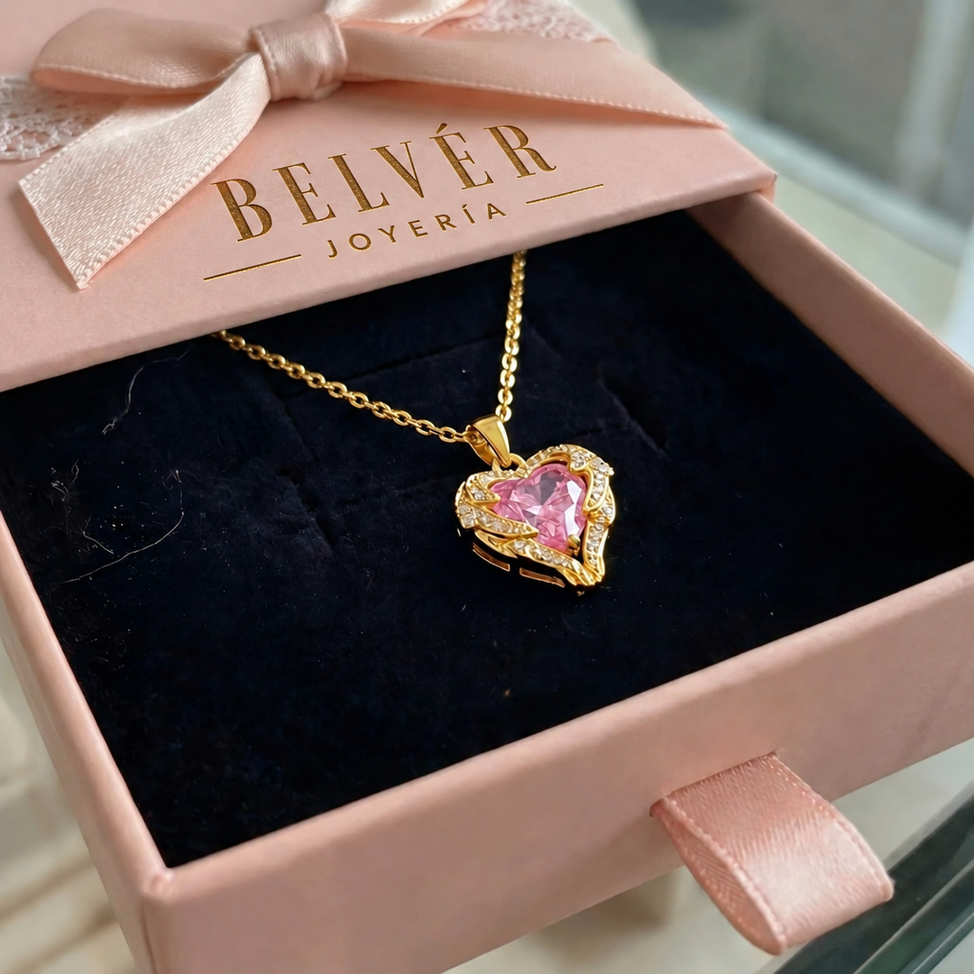 Collar de corazón rosa Abrazo de ángel · Dorado