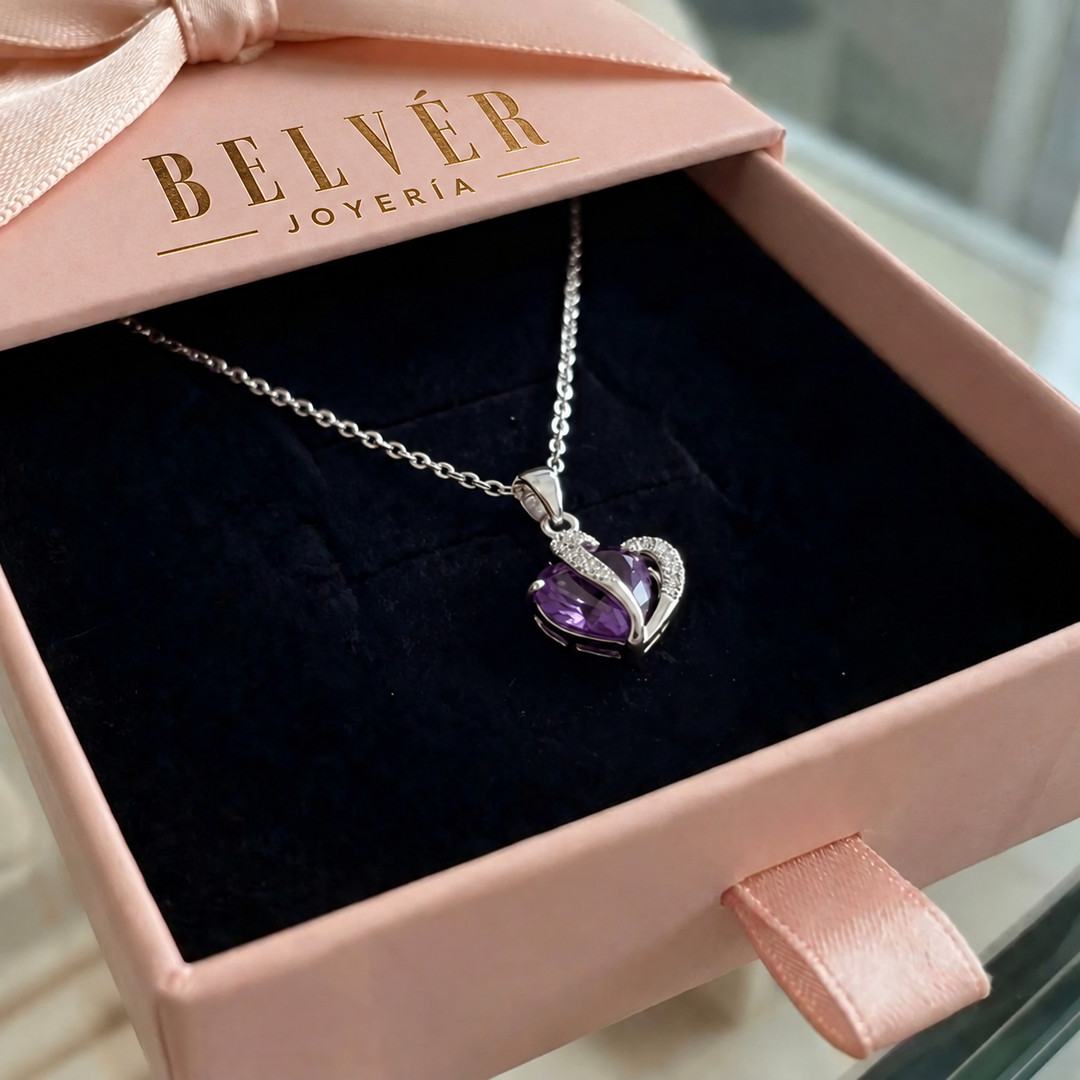 Collar de dos corazones violeta · Plateado