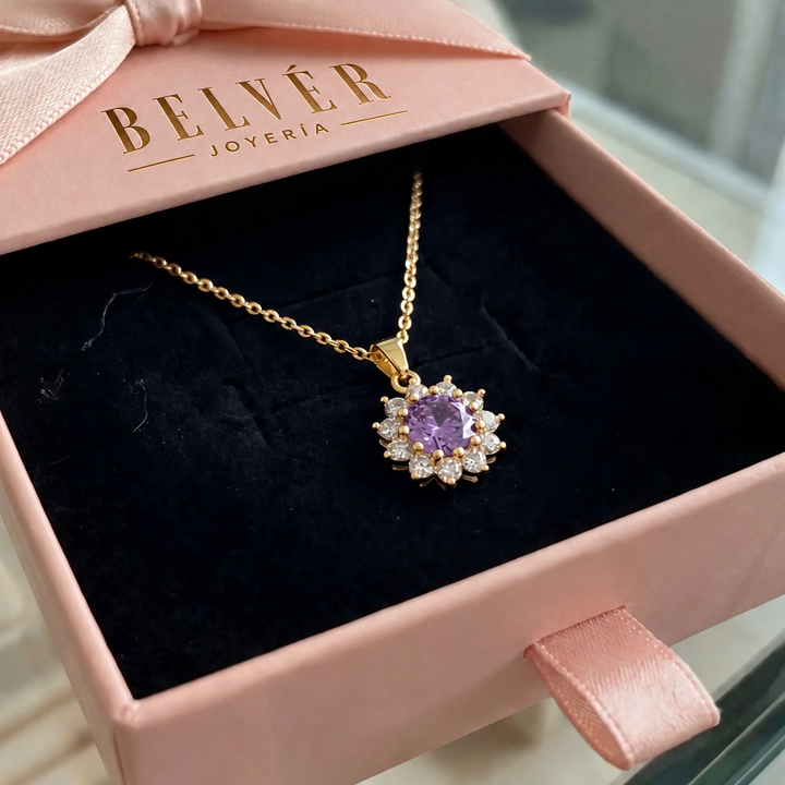 Collar girasol violeta · Dorado