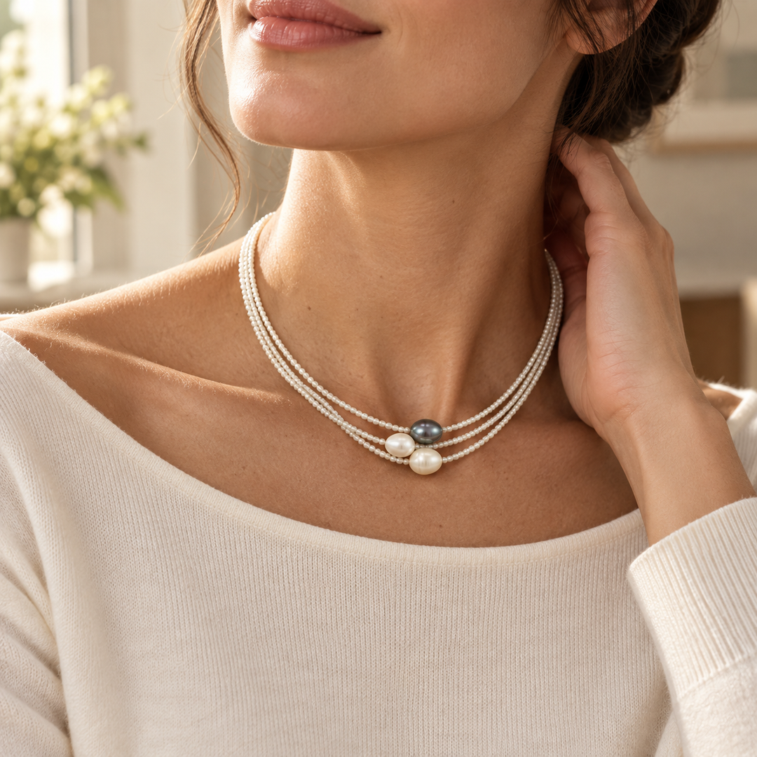 Collar perlado con cadena · Dorado
