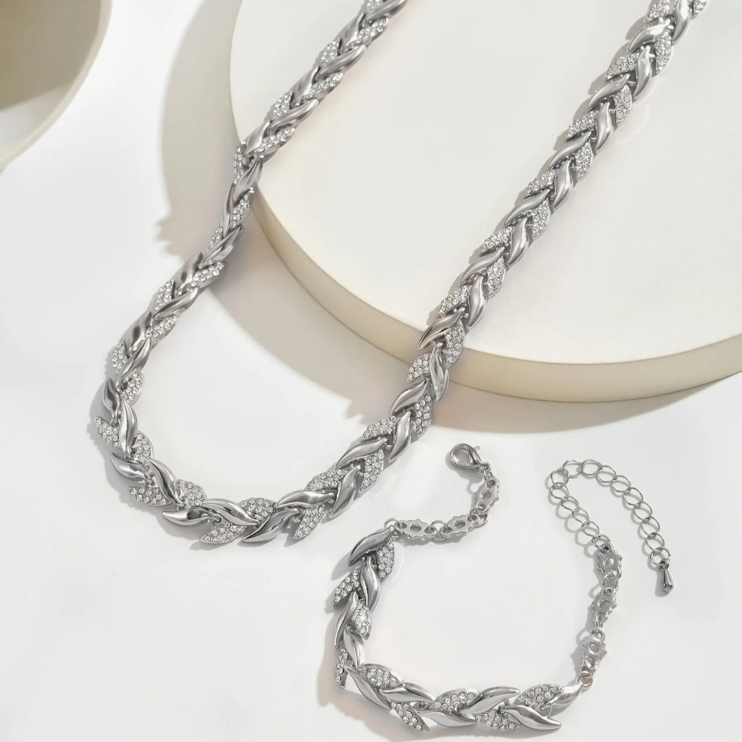 Conjunto cadena espiga con brillos · Rosado o plateado