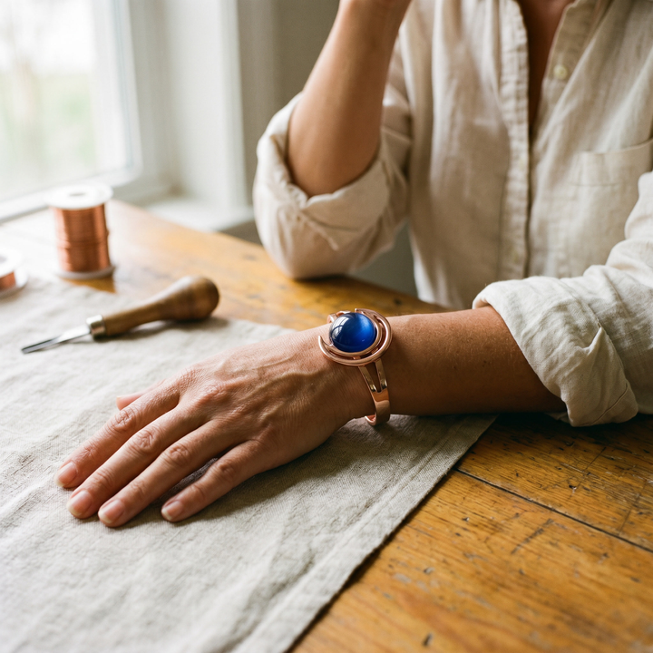 Pulsera de cobre Esfera con piedra azul