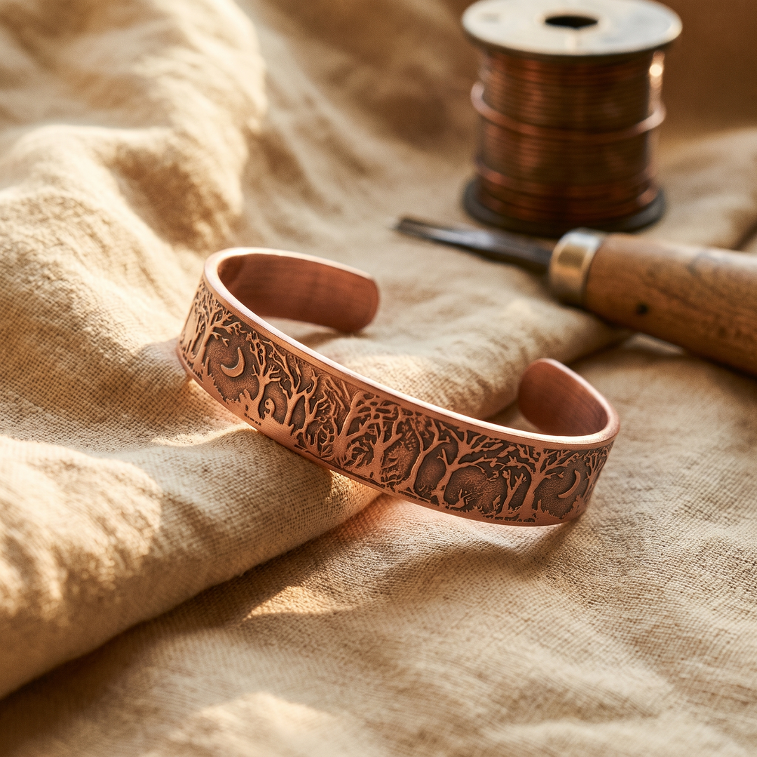 Pulsera de cobre Arboleda con árboles en relieve