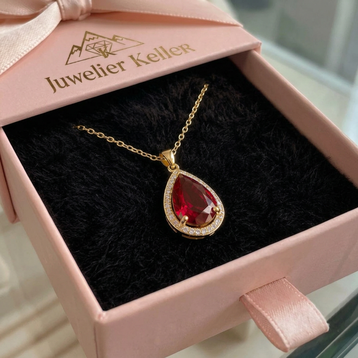 Collar con colgante de lágrima rojo rubí · Dorado