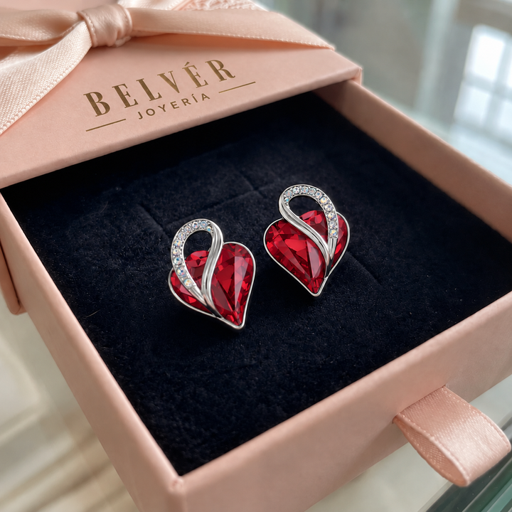 Pendientes de botón infinito con corazón rojo rubí · Plateado