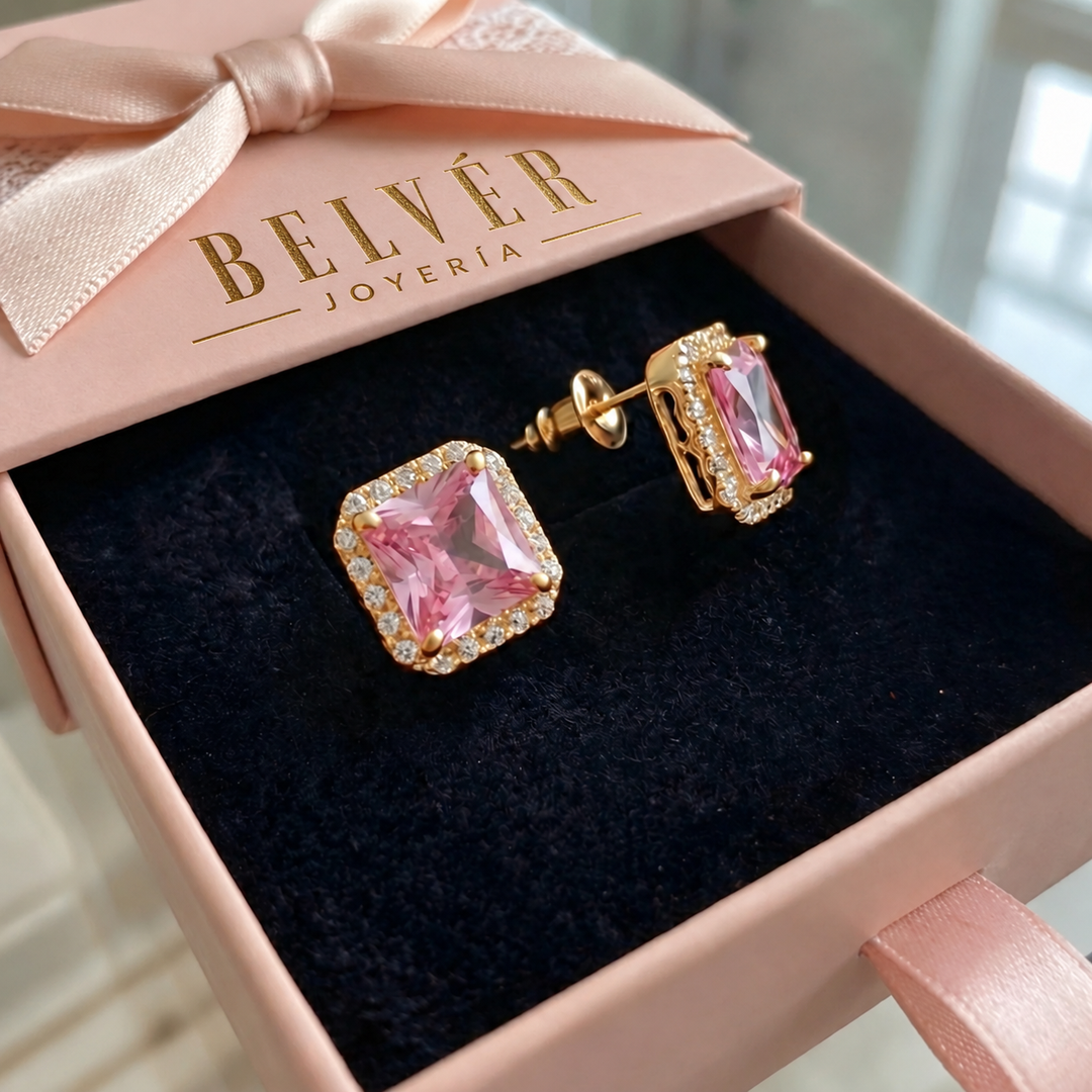Pendientes de botón pavé rosa · Dorado