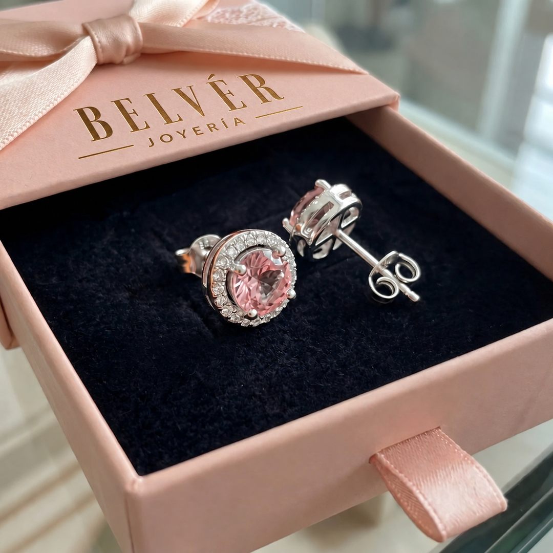 Pendientes de botón redondos pavé rosa · Plateado
