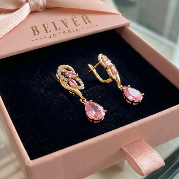 Pendientes de gota rosa con brillo · Dorado