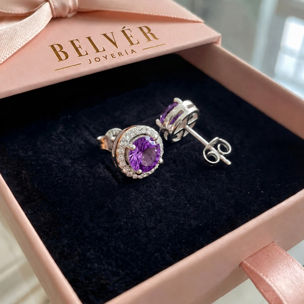 Pendientes redondos pavé violeta · Plateado