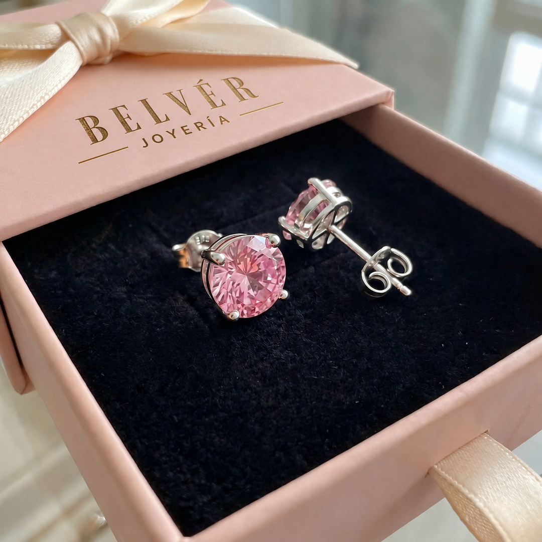Pendientes redondos rosa con brillos · Plateado