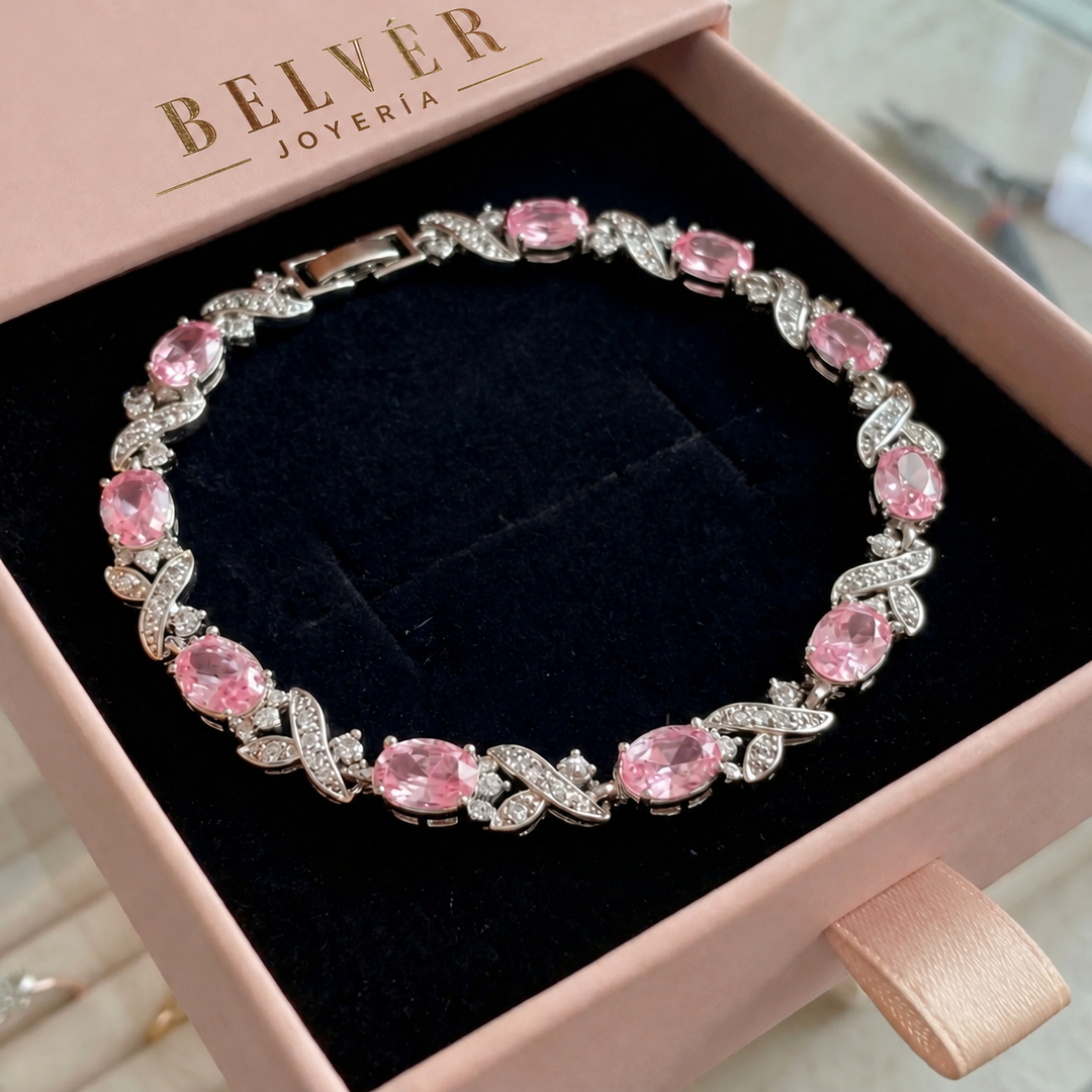 Pulsera rosa con brillos · Plateado