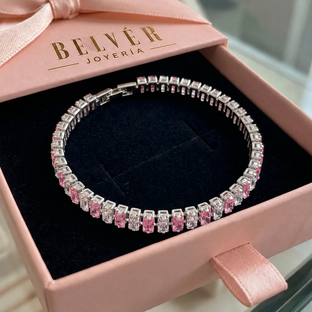 Pulsera tenis a rayas rosa · Plateado