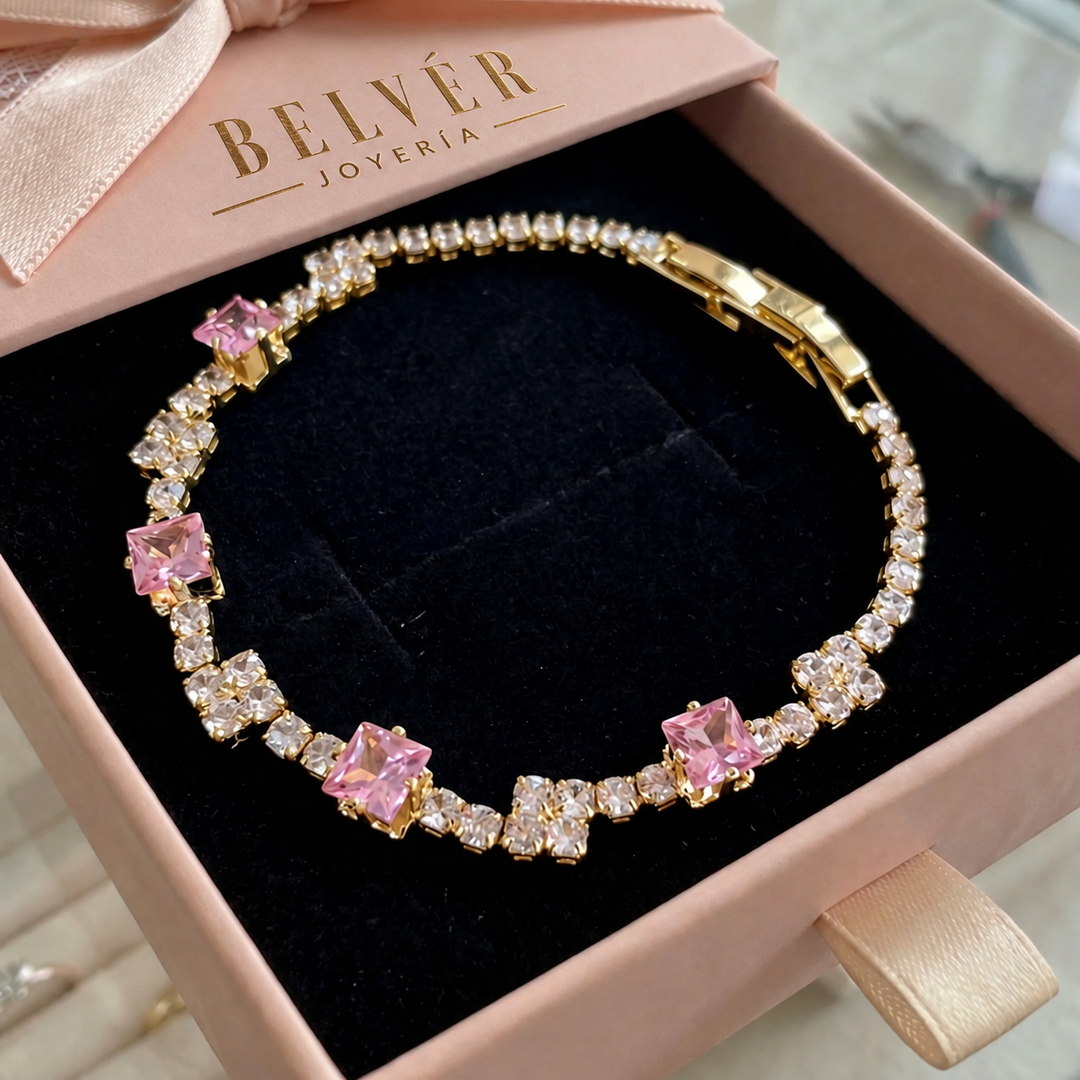 Pulsera tenis de cuadrados rosa · Dorado