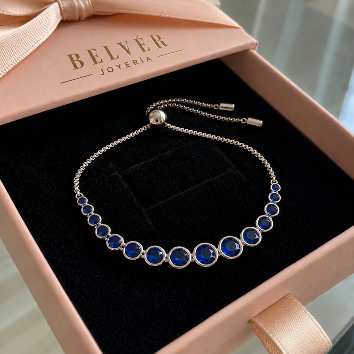 Pulsera tenis de piedras redondas azul zafiro · Plateado