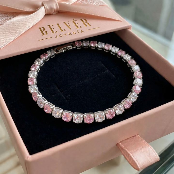 Pulsera tenis Dúo rosa · Plateado