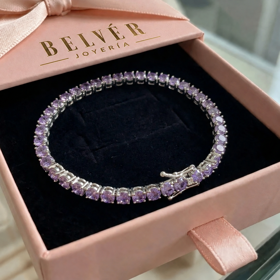 Pulsera tenis violeta · Dorado o plateado