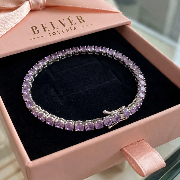 Pulsera tenis violeta · Dorado o plateado