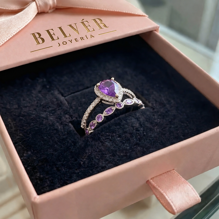 Set de anillos con lágrima violeta · Plateado